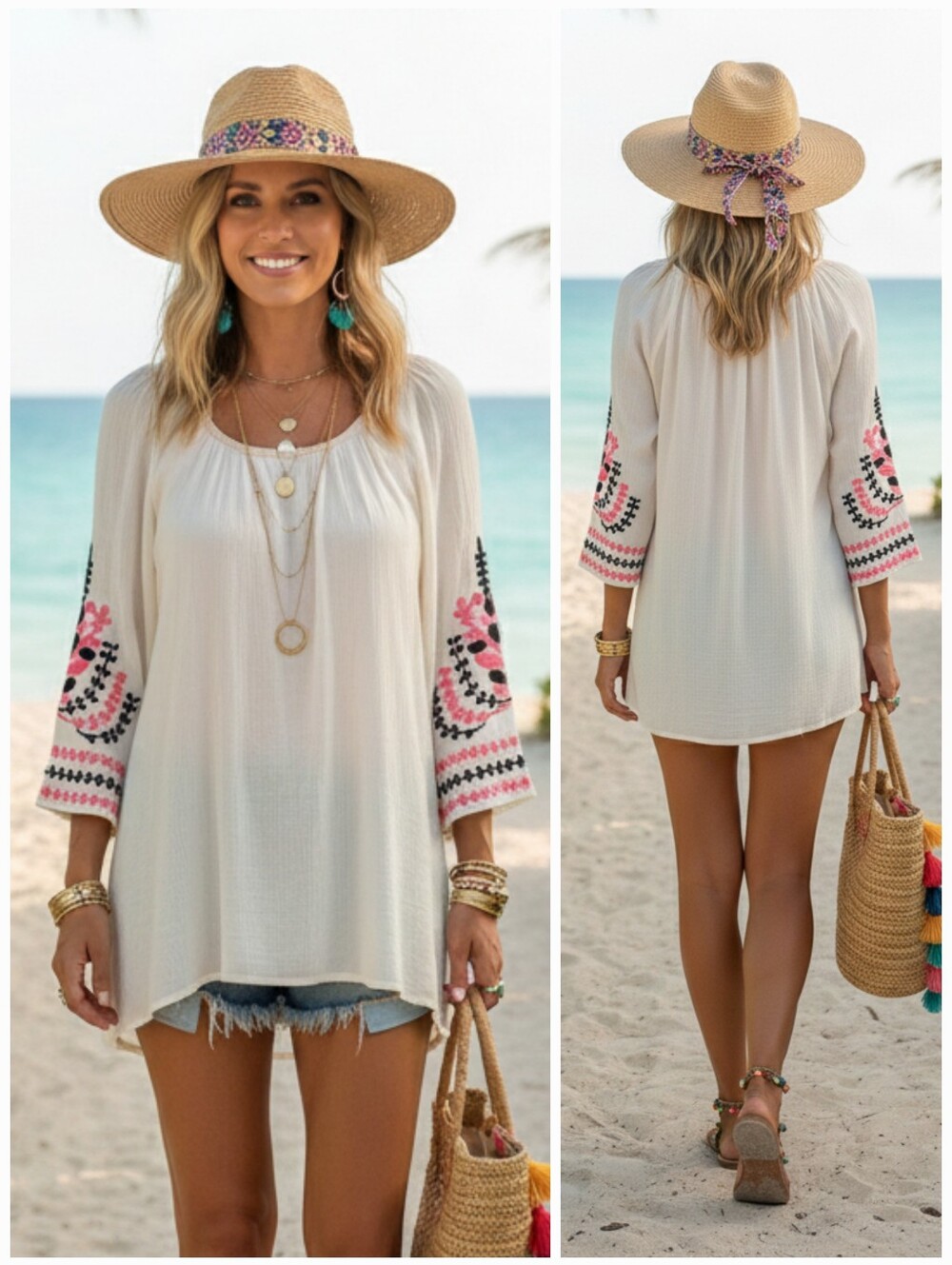 Umgee USA S Lagenlook Peasant Bohemian Beach Embroidered Bell Sleeve Gauze Tunic